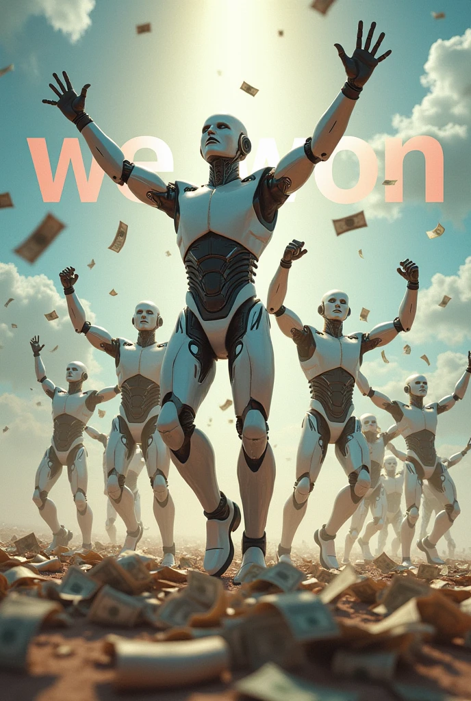 Image with the word "WE WON", The word must be very large and in the background there must be several artificial intelligence robot men celebrating because they achieved victory., with lots of money falling from the sky and lots of wads of money on the floor.