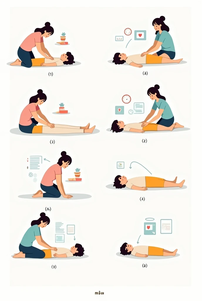 I want an image that portrays the following scenes with a teacher and her student:
1. The teacher takes the arm of student 2. The teacher kneels behind the boy.
3. A hand in the shape of a fist, with thumb inward, just above the navel 4. The teacher places her fist in the center of the child's abdomen..
5. With the other hand of the teacher, Grab your fist to make sure you can apply enough force in compression.
6. The teacher applies compression with rapid, upward pressure., using short, sharp movements.
7. A clock that shows the passage of time 8. A crying child and food at the same time.
9. If the child expels the object and breathes well 10. Call emergency services during this process There are 10 boxes in total with the Modern and Vector animation style, with smooth, clean lines, and vibrant colors. Cartoonish but realistic. Color: Using a palette of bright and contrasting colors that are pleasant and eye-catching. FORMAT: Illustrations arranged in a book or manual style. This illustration is intended for a guidance and training manual, so it must be clear, accessible and visually appealing."