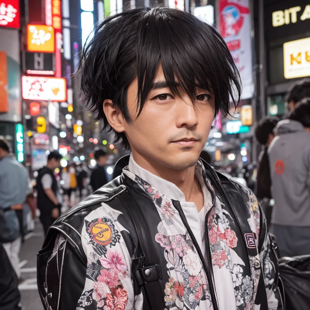 Behind Japan men、Black and wild medium hair、Double、40 years old、Backlight、Tokyo's neon streets、(Buckshot:1.3)