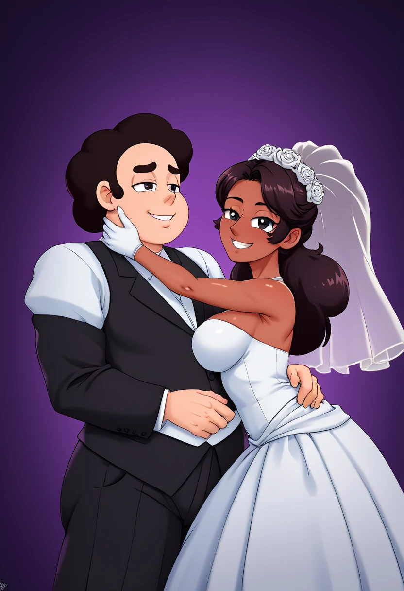 {{{{{1boy,1girl}}}}, ((connie maheswaran)), ((steven quartz universe)),((lap dance, deep kissing,  breast grope ,ass grab)( ,sensuously flirty bestfriends,  erotic husband and wife, eternally true love, hyper- detailed face features, Photorealistic manga detail, highly-detailed lines,  anime screenshot, hyper-resolution cel-shaded, best quality, expressive eyes, hyper-hdr, 8k, UHD, hyper absurdres, hyper aesthetic, hyper-detailed background, dynamic shading,((matching wedding rings)),  forever in love with each other, looking at each other,perfect anatomy, perfect face, perfect hands, perfect  physique, ((couple focused art, couple key visual)),   (connie maheswaran, flirty black micro dress, wedding dress,  mischievous loyal wife, sexy smile, black eyes, heart eyes, long hair  ponytail, happiest woman alive),  (steven quartz universe ,tux, black hair, big man, fat man, strongman waist,  smug adoring husband), (Murata_yuusuke, Murakami_Teruaki, mori_toshimichi, sam yang )