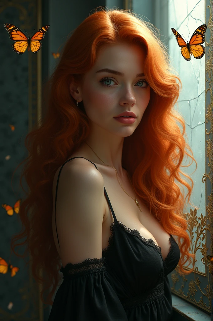 (solo, full body photo:1.3), (action packed:1.3), (haze, fog, mist:1.3), chiaroscuro, best quality, photorealistic, 1woman, (cute), (24yo:1.2), redhead, long ginger hair highly detailed, 1700'S, digital photography, art by artgerm and ruan jia and greg rutkowski surreal painting gold butterfly filigree, broken glass, (masterpiece, sidelighting, finely detailed Fashionable eyes: 1.2) (perfect oval large eyes that gazes at the viewer), beautiful detailed face, blue gorgeous perfect eyes, (blonde hair ponytail), (attractive young woman:1.3), (thick amazing hair), (seductive:1.1), (blushing:1.1)