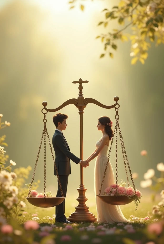 A balanced and harmonious scene illustrating the equality between husband and wife in terms of their vows and responsibilities. Use a visual metaphor like two scales in perfect balance, representing equal importance and duties."