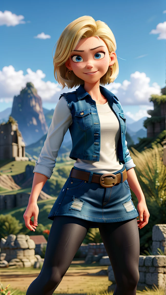 Best Quality, High resolution, Y18, 1 girl, Android 18, Alone, by rubio, blue eyes, belt, tight blue denim skirt, air_collar, closed fists, black shirt, short hair, long sleeves, earrings, open vest, denim dress, medium breasts, cowboy shot, mountains, straight, (climate: raining and windy), wet clothes, fierce smile, Combat Stance, full length pantyhose, battle ruins, Wide hips, thick legs, wet body, Dirty clothes,