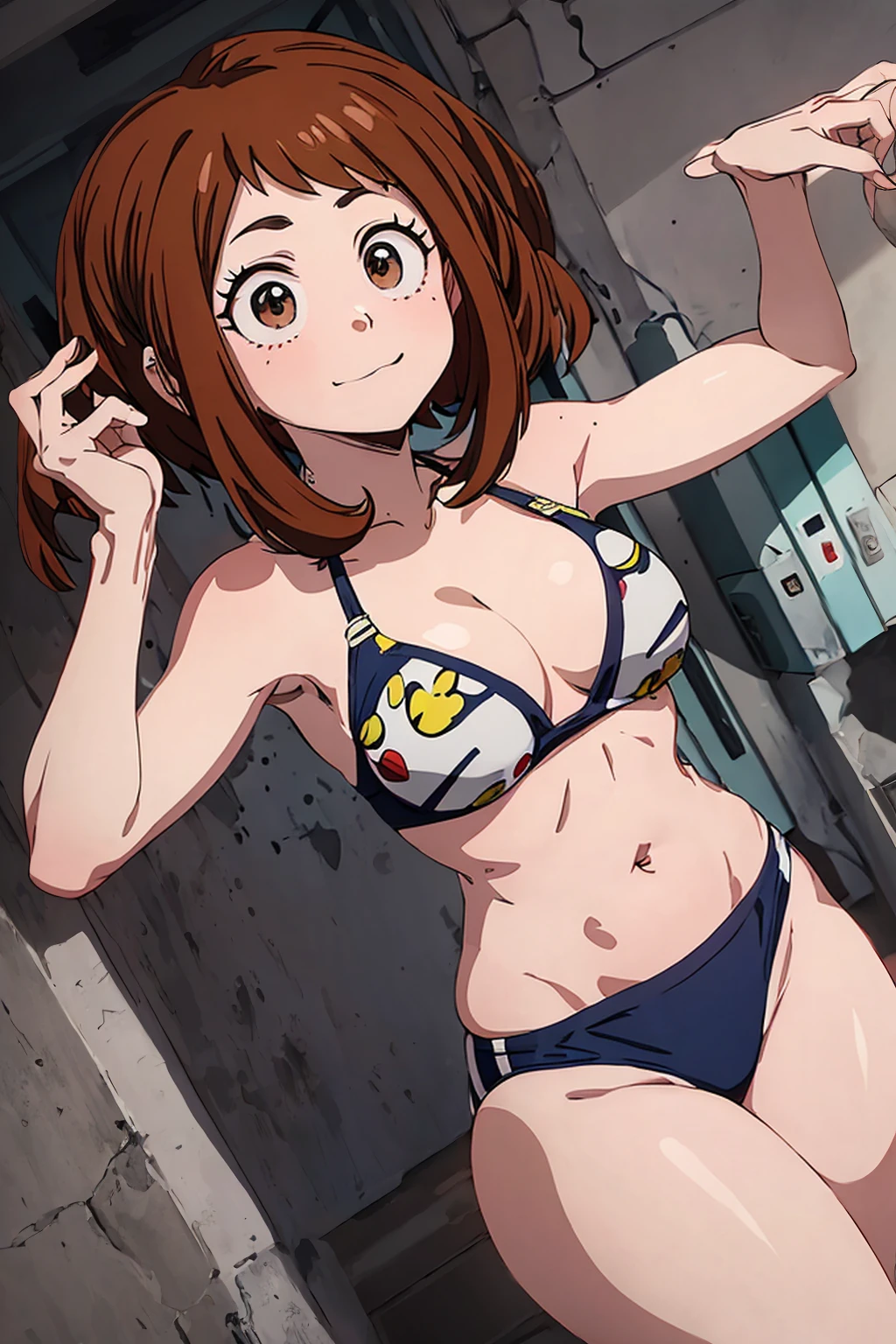 (Ochaco uraraka),(from Boku no Hero Academia), is a young woman with average height for her age, measuring approximately 156 centimeters. Her most notable features are her brown eyes, her short brown hair, and the tips of each finger.(Wearing),+,(bikini)