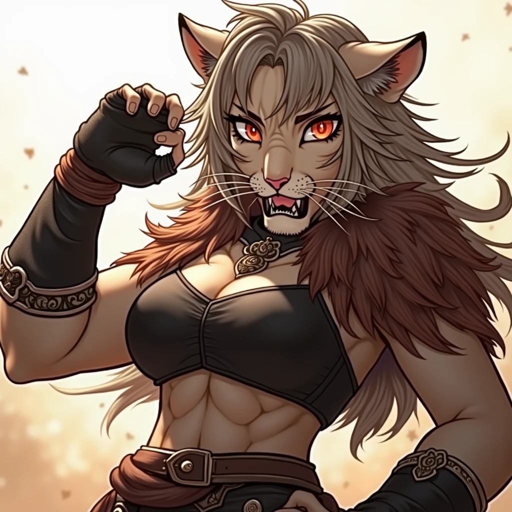 female tiger, with warrior pose ,with furs brancos ,wearing black medieval clothes ,angry ,Eyes red ,with short hair, chic, with fur
