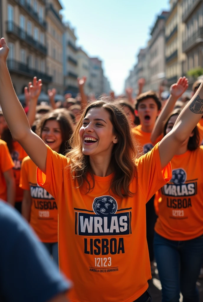 Create 8 images of a crowd of happy people wearing the shirt with the name Warllas Lisboa and below the name the number 12123 ( in a councilman's motorcade in a city without the councilman, just the crowd)
