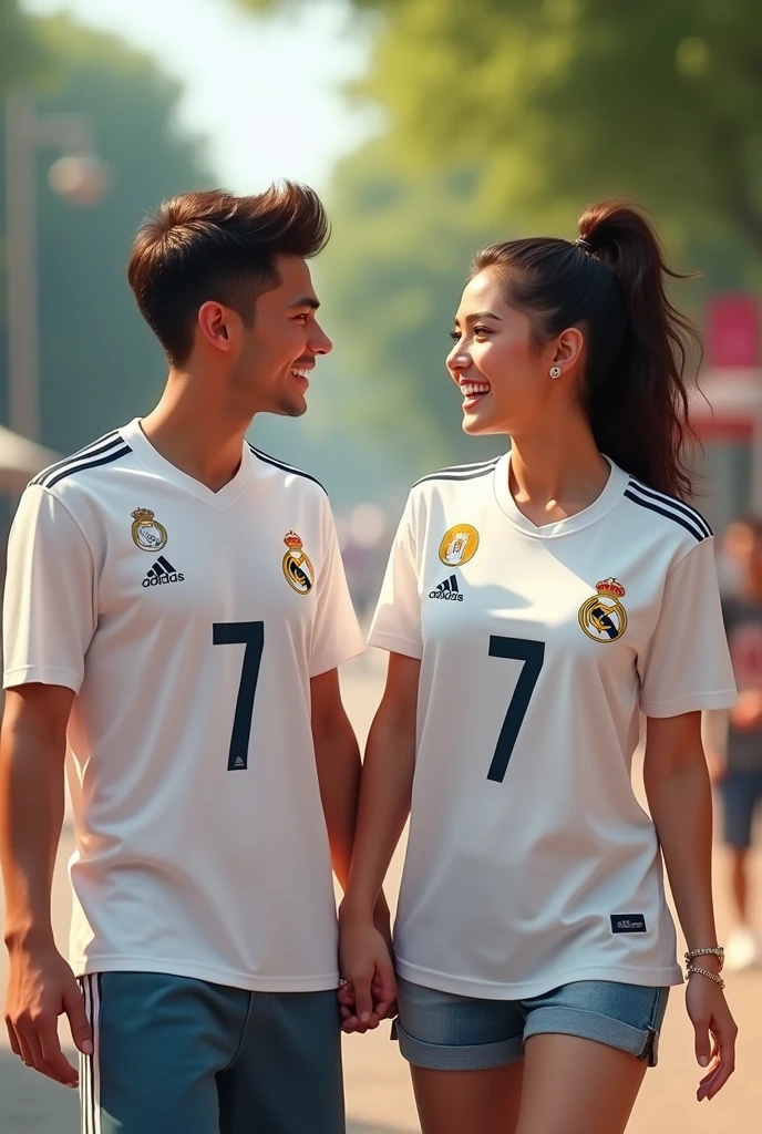 A couple with white Real Madrid shirts with the number 7 and the man says Luis and the woman says Yeica, the woman says Yeica back to back, so that they are young