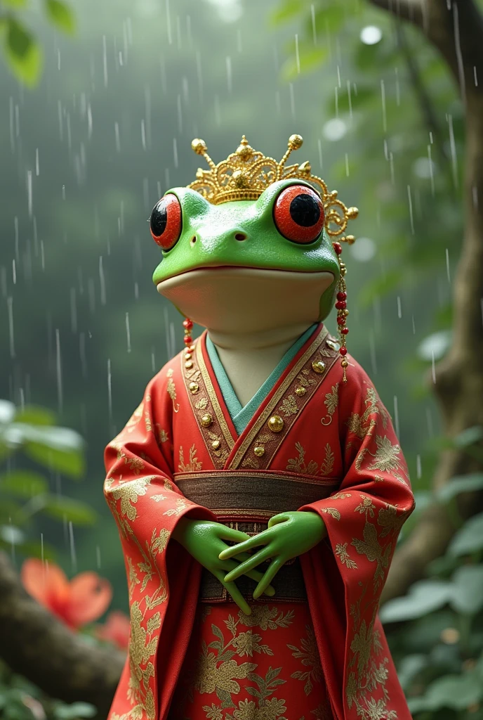 Tree frog，Frog Wedding，Dressed as a Japanese bride，Ultra-realistic，high resolution，It is raining in the background，
