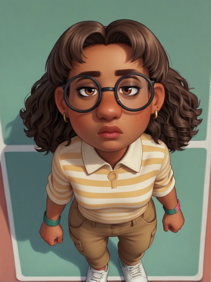  score_9, score_8_above, score_7_above, score_6_above, score_5_above, score_4_above                         Priya, Glasses, shirt, earrings, 1 girl, Dark skin, Alone, Brown eyes, Brown hair, mujer de Dark skin, striped shirt, looking at the viewer, I would be , Whole body, white tennis shoes , brown pants , 