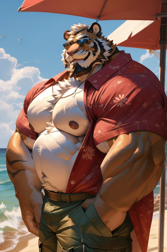 ((best quality)), ((masterpiece)), (Ultra detailed), ((4k)).

Anthro Wolf , Light Blue Fur , Short Hair , Black Beard , Handsone , Good Looking , Green Eyes ,(Eyes Details), Middle Ages , Huge Pecs , Bodybuilder  , fat chubby , cute pose , sunglasses , Beach , neckless , Bara , daddy , gay  ,kiss tiger , touch pecs