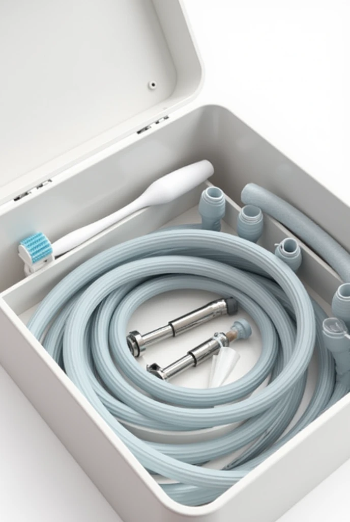 A box that contains one toothbrush made of plastic and a hose made of latex.
The hose is designed to be connected to a faucet.
The toothbrush and the hose are separate parts in the box.
The hose can be detached from the toothbrush using a nut mechanism, so they are packed separately in the box.
the hose is 97 cm of large
the box is big and the hose is very large