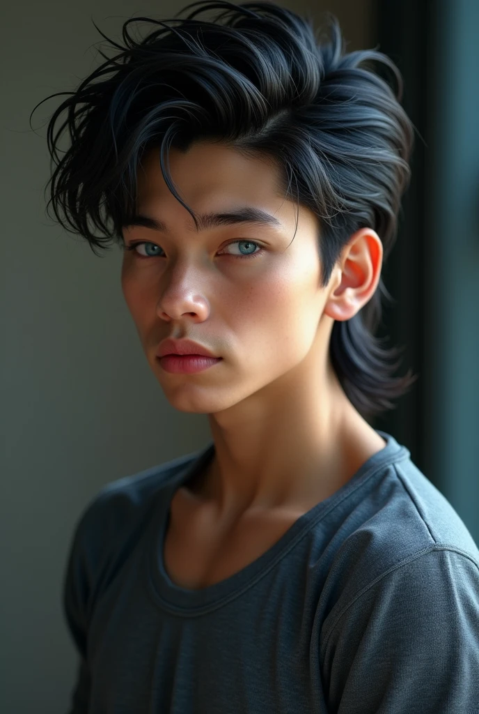 1 boy with blue eyes, jet black hair with mullet cut. Turned up nose and full lips. thesis clara, muscled man in thermal shirt 