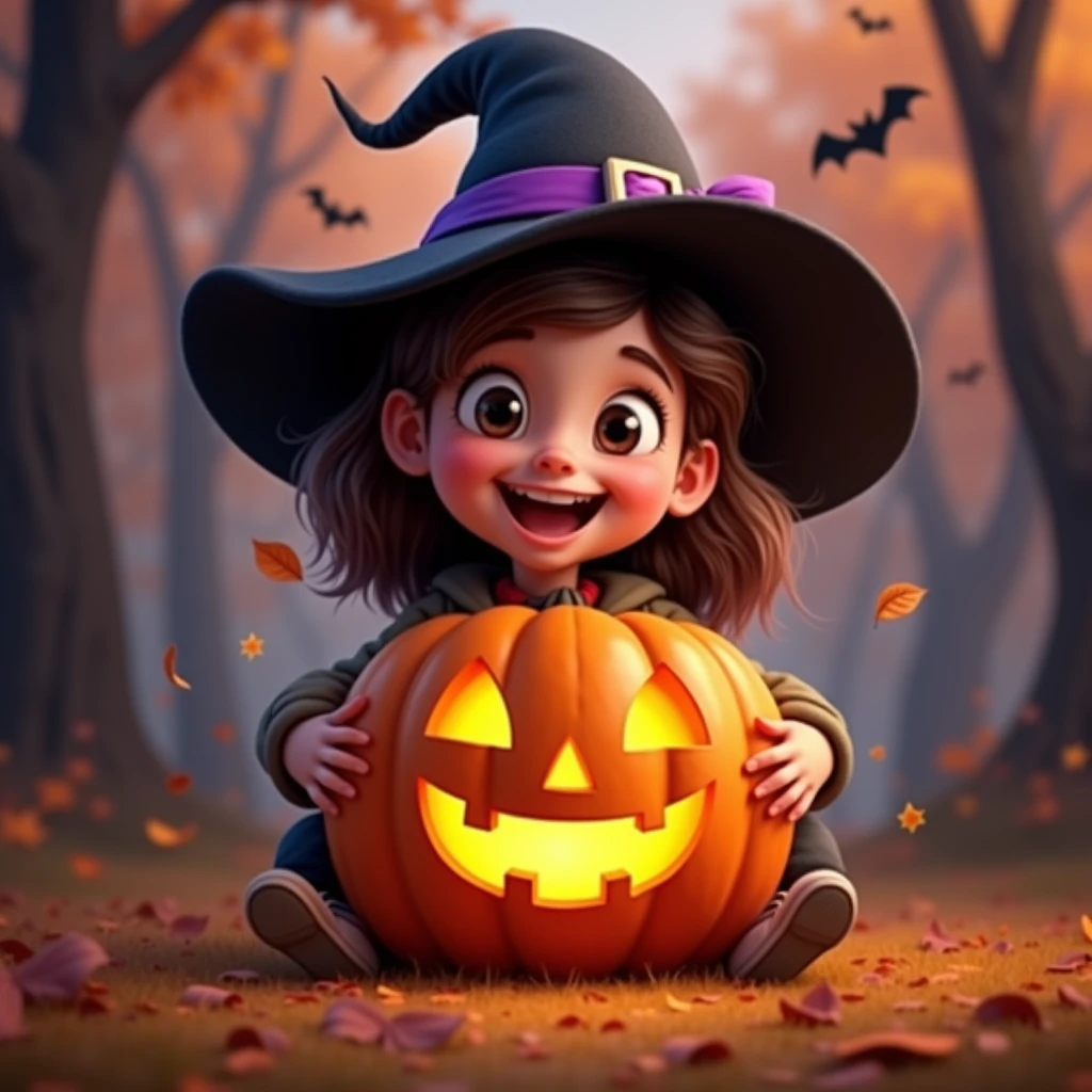 "A delightful Halloween scene featuring a young girl with a bright smile, wearing a classic black witch hat adorned with a purple ribbon and a small, silver buckle. She has a playful and joyful expression, with her eyes sparkling with excitement. The girl is holding a large, cheerful jack-o'-lantern pumpkin that she has carved with a friendly, grinning face. The pumpkin is glowing warmly from within, casting a soft light that highlights the girl's features and the intricate details of the carving. The background is a whimsical, softly blurred autumn scene with hints of falling leaves and subtle Halloween decorations like floating bats and twinkling stars. The overall color palette is rich with Halloween oranges, blacks, and purples, creating a festive and enchanting atmosphere."