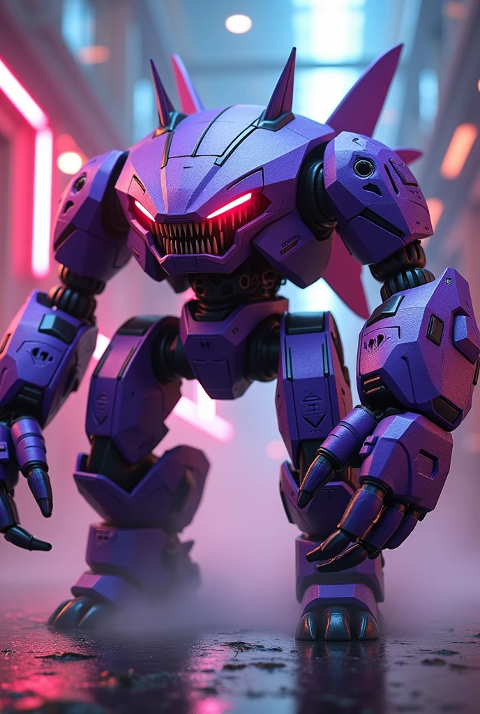 a highly detailed hexagonal prism robot with crab-like legs, red eyes, sharp teeth, a purple crab-shaped body, floating and flying. claw hand. high tech design. hulkbuster body. mecha robot. big bazooka.,Cyberpunk, dreamy glow, luminous neon lights, ( Global illumination, Ray traching, hdr, unreal render,reasonable design, high detal, Masterpiece, Best quality, hyper HD, Cinematic lighting), Mecha musume. jackpack.