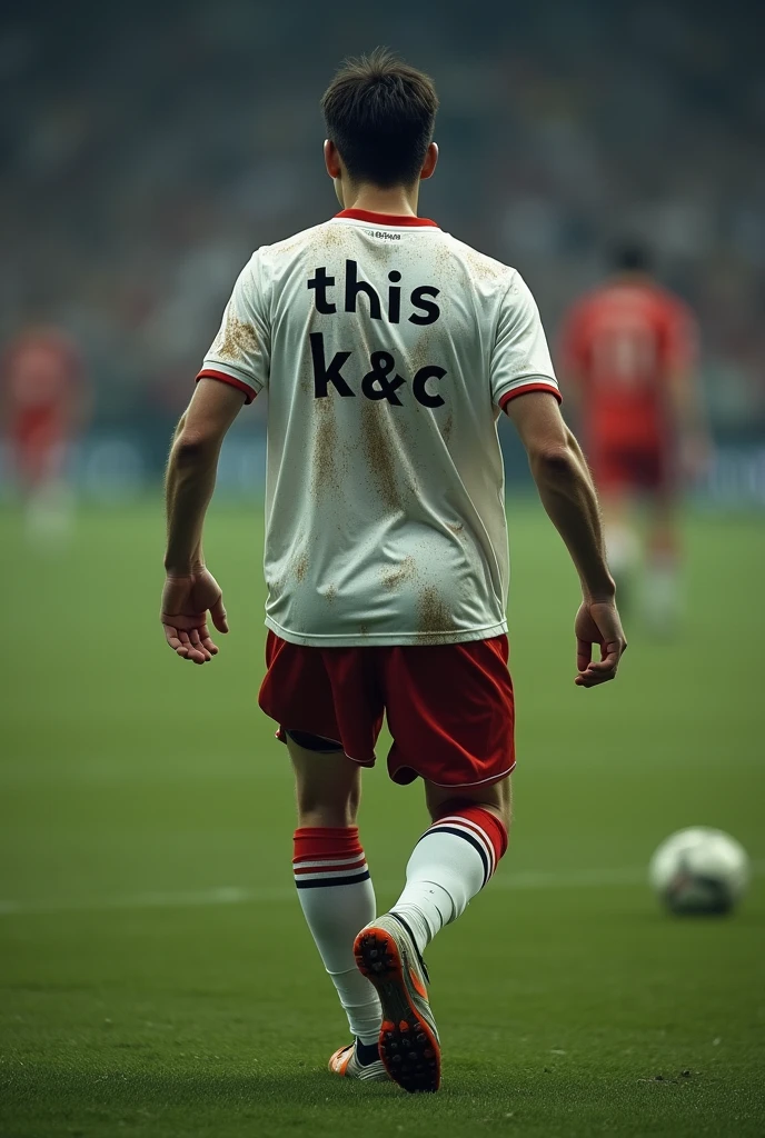 The image of a soccer player who on the back of his shirt says this K&C and that it can only be seen from the forearms up
