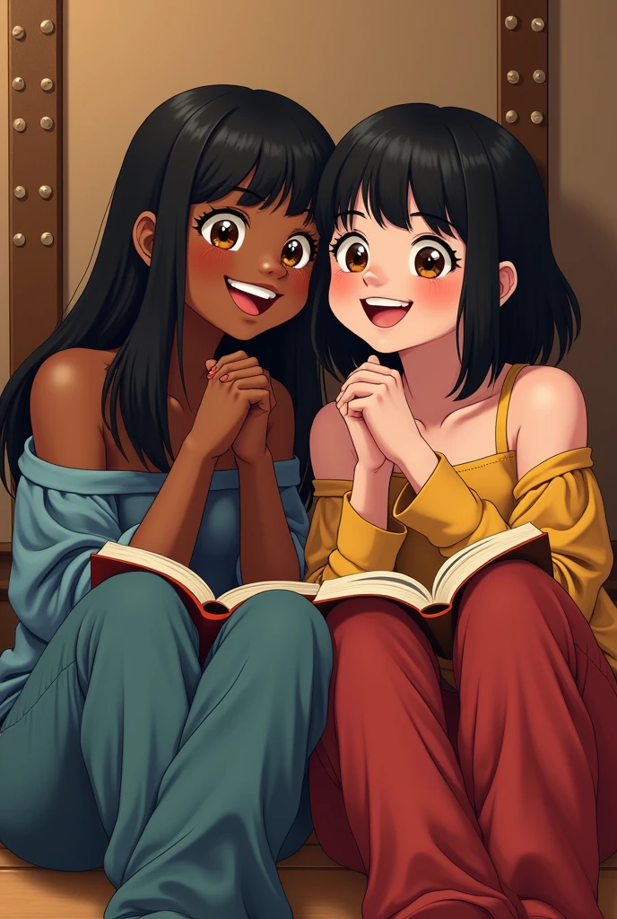 work of art, best qualityer,, two friends, one black with long straight hair without bangs and the other white with short black hair and bangs , Grinning, sitting,, wearing pants and shirt, bared shoulders, Off The Shoulder, Grinning, with books in both their hands ,they are both chubby , hands together, hands on chin,, trunk