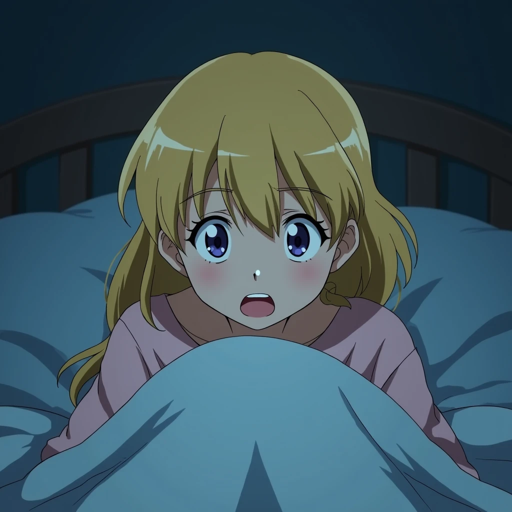 a with blond hair woke up in the middle of the night and watches her mom and dad having sex under the blanket naked in anime style