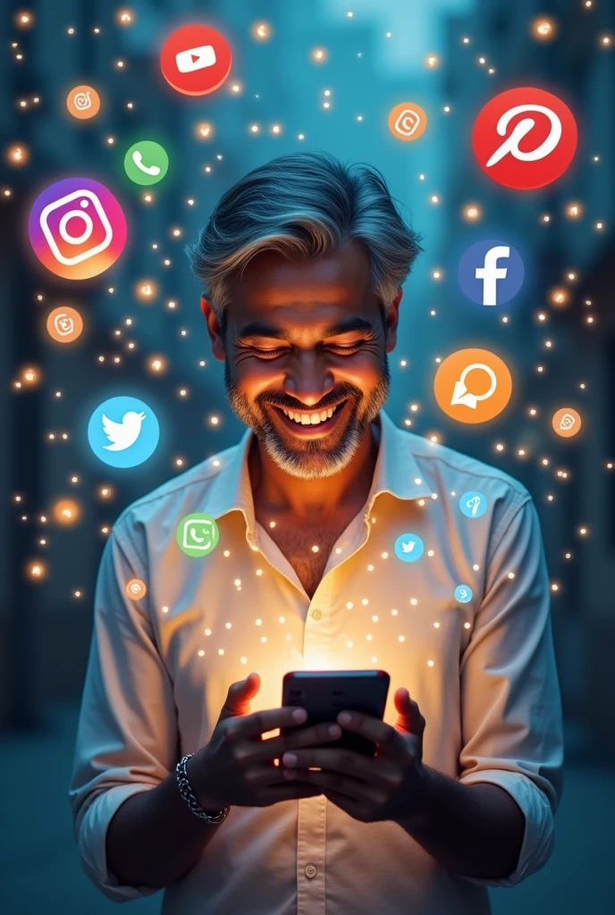 indian man watching on his phone he is happy and  youtube instagram twitter whatsapp facebook popping out of his screen 


