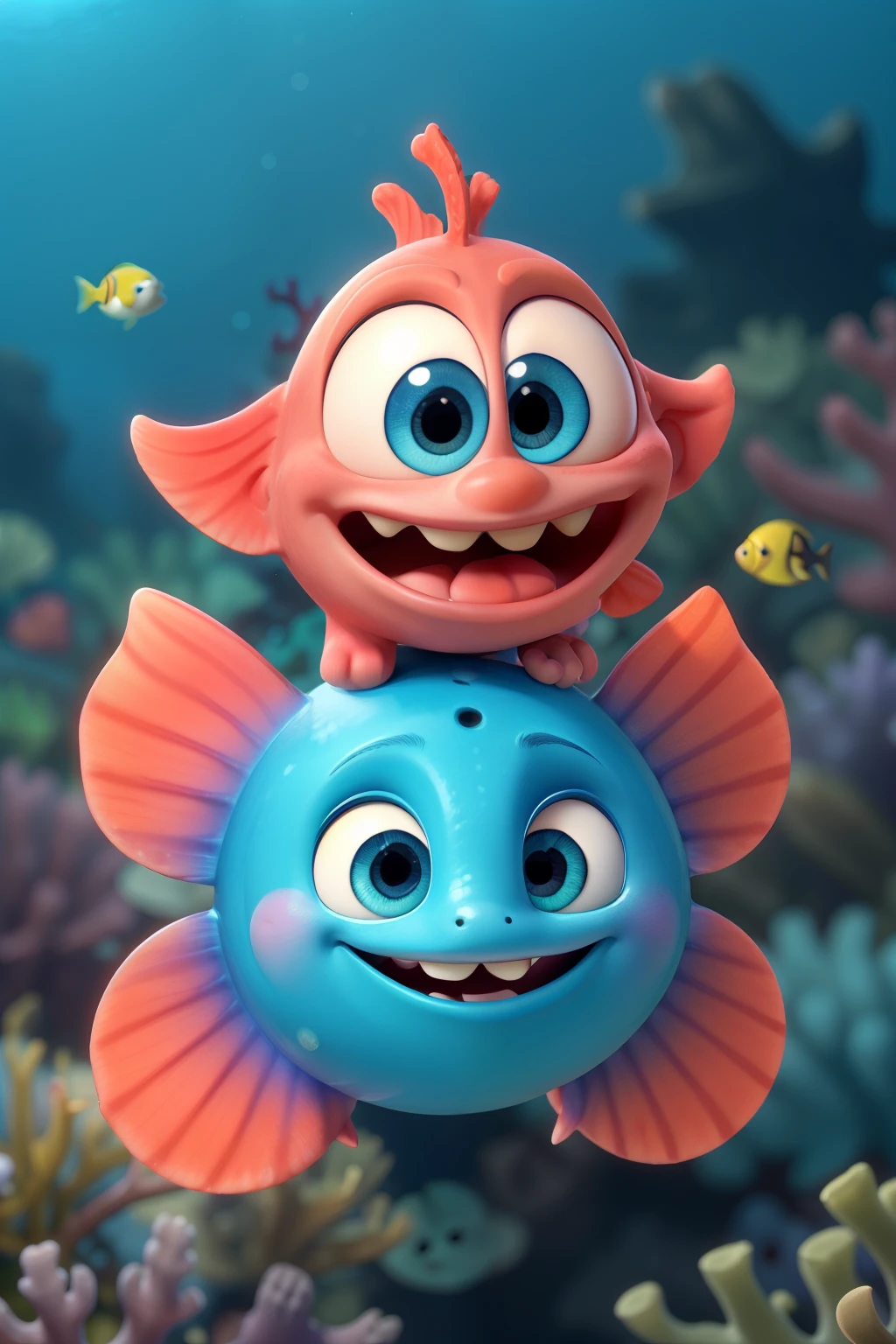 A cute little fish, happy and smiling, inspired by a disney pixar cartoon character in blue and coral colors, that lives at the bottom of the sea, has beautiful eyes and wears glasses to see better