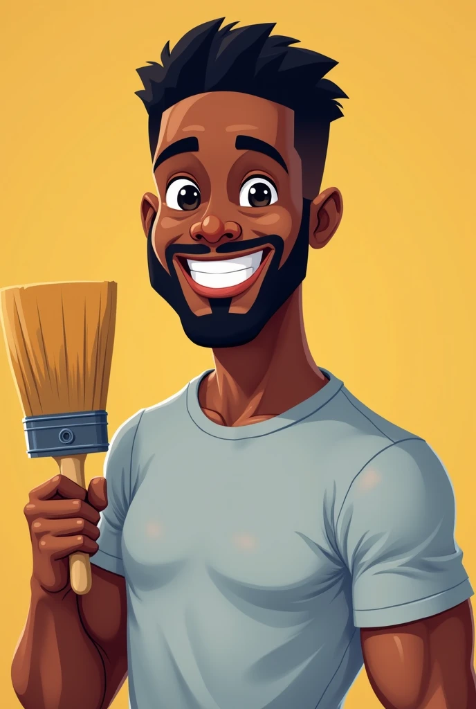 Black man with goatee and black hair smiling in light gray t-shirt with bricklayer's brush in hand in cartoon