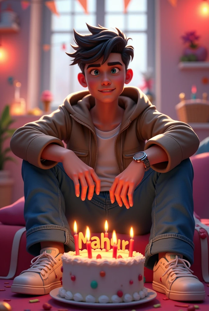 sitting casually on front of a cake. The character must wear casual moder clothing such as jeans jackets and sneakers shoes. The background of the image is a party theme. Write 'MAHUR' on the birthday cake. Make sure the text is not misspelled. His age is 28