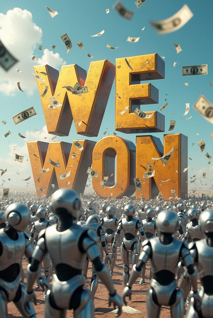 Image with the word "WE WON", The word must be very large and in the background there must be several artificial intelligence robot men celebrating because they achieved victory., with lots of money falling from the sky and lots of wads of money on the floor. En la imagen debe predominar la palabra WE WON