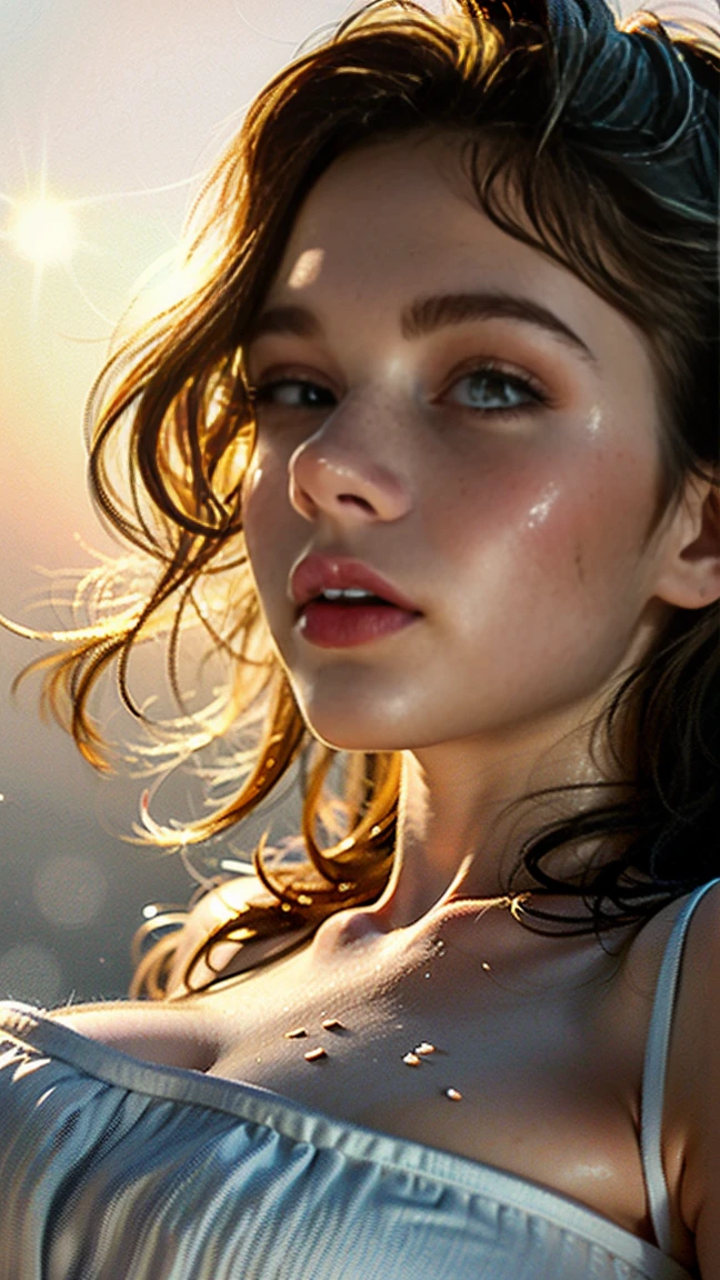 (((ultra realistic))) Photo, masterpiece, top quality, (pale skin), (Ultra detailed face and eyes:1.3), 1 girl, Adult, in a T-shirt, (Eye makeup, mascara) , ((large detailed lips)), ((ash wavy hair)), ((Chyolka)) , (Natural breasts), Slim waist. ((Posing)), photoshoot, studio (soft lighting), (The play of light and shadows), depth of field, bokeh, (special attention to skin detail: 1.2), Detailed leather texture, skin pores. (Airy atmosphere of the frame. Color range - delicate, Bright, white, Pink tones), UDR, ((Film grain)), ((rays)), ((glare of the sun)), ((waist up portrait, close to the camera)) , ultra detialed,