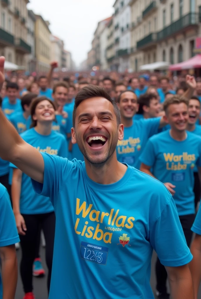 Create 8 images of a crowd of happy people wearing the shirt with the name Warllas Lisboa and below the name the number 12123 ( in a councilman's motorcade in a city without the councilman, just the crowd) the color of the blue shirt