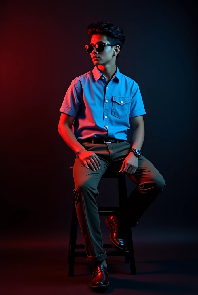 A  tan boy with  and black short wavey hair and wearing a black sunglass and sky blue short sleeve shirt tucked with dark brown belt with black long trousers, old watch, dark brown loafers sitting on black stool and black background red and blue light on it and the boy turning right side and seeing right side 