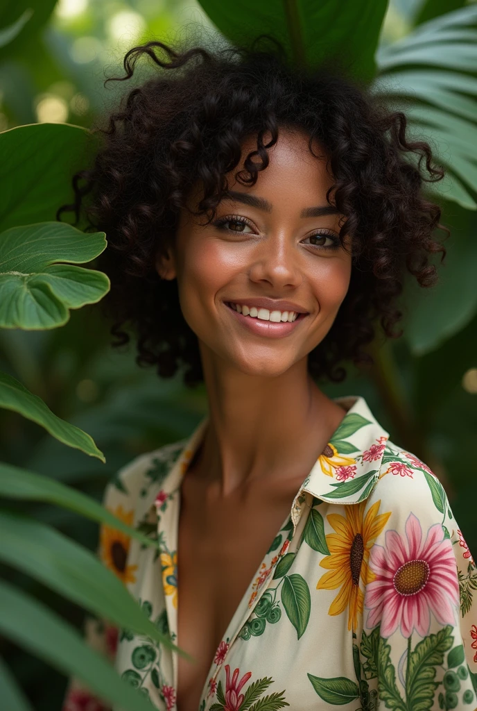 A Brazilian woman in a lush tropical garden, wearing an open shirt with a floral print, with a close-up capturing the harmonious beauty between her breasts and the natural flowers, showing off your natural charm and outgoing personality.