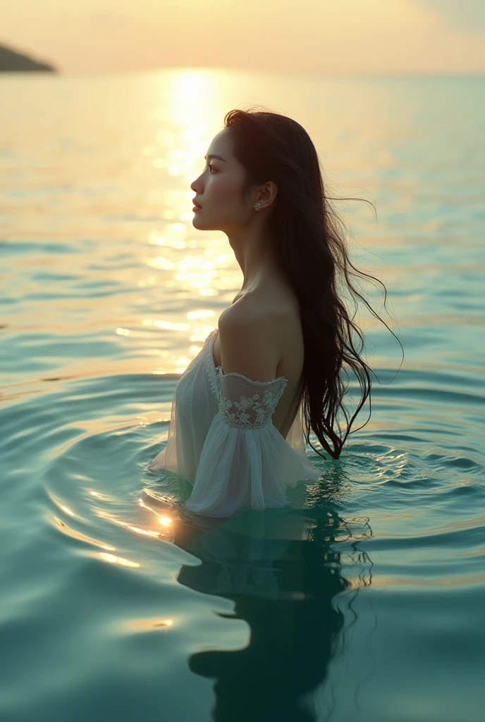 Beautiful Asia Woman walking up from the sea with reflection
