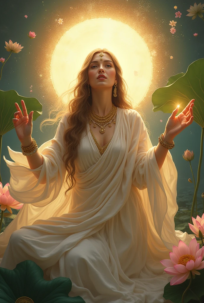 An inspiring and respectful visual of a woman surrounded by a halo or divine light, symbolizing honor and respect. Include elements like lotus flowers or deities to emphasize her revered status."