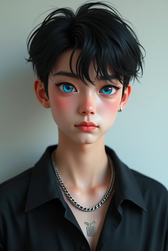 A man with black tik toker hair with dark blue eyes with a black blouse with a silver chain style Minecraft Skin