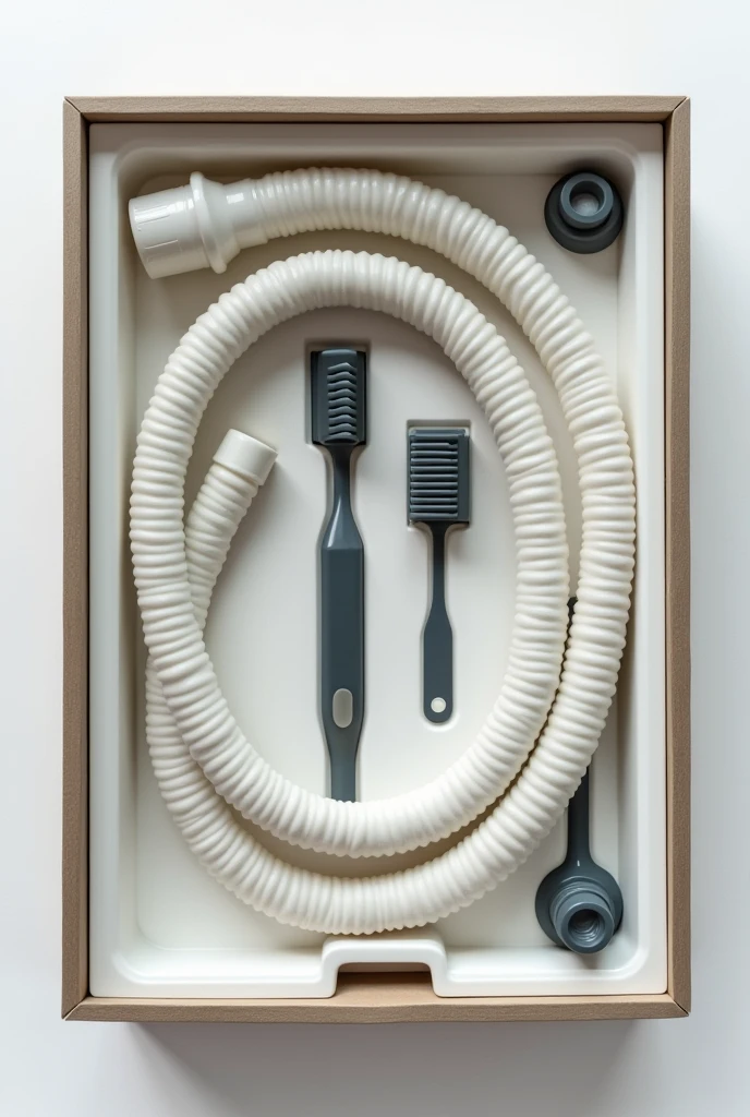 A box that contains one toothbrush made of plastic and a hose made of latex.
The hose is designed to be connected to a faucet.
The toothbrush and the hose are separate parts in the box.
The hose can be detached from the toothbrush using a nut mechanism, so they are packed separately in the box.
the box is big and the hose is very large
