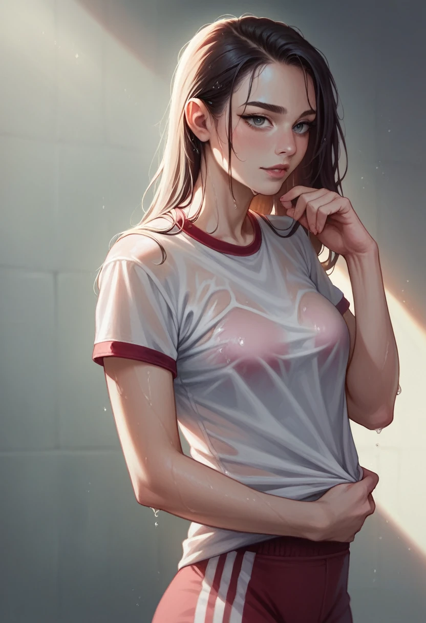 girl, sweat, medium breast, shy, detailed hand, looking at viewer, lips apart, dynamic shadows, transparent clothes
