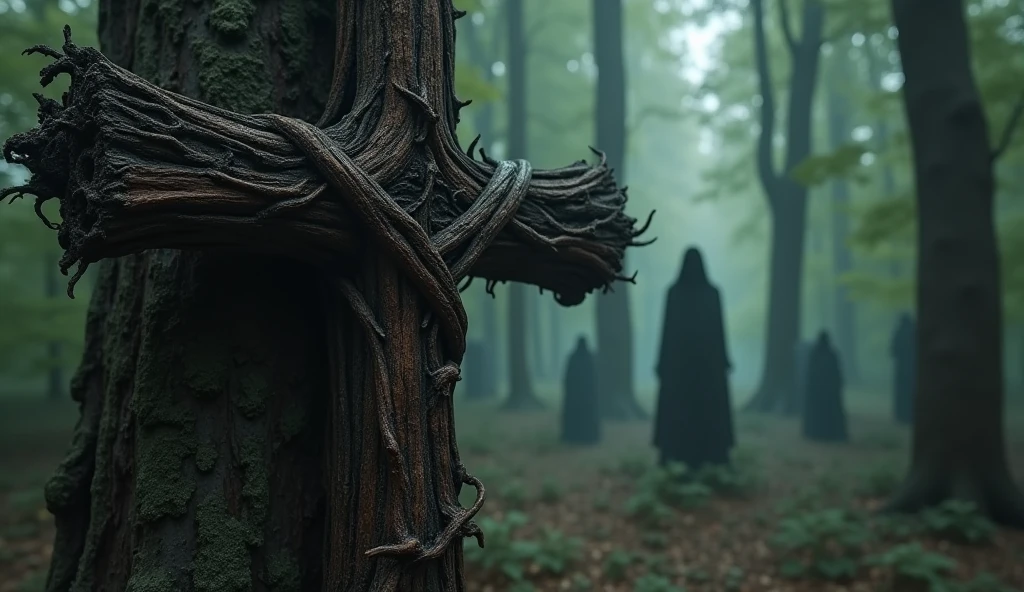 "A close-up of a tree trunk with a cross in the process of being inverted. The bark around the cross looks scorched, and ghostly, fuzzy figures seem to emerge from the shadows of the forest behind."