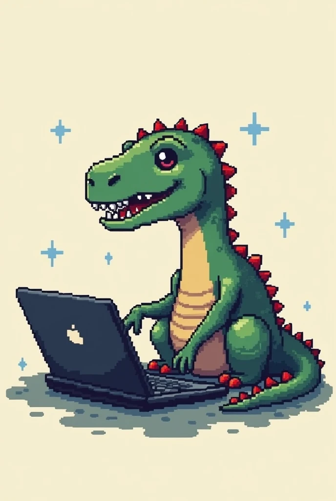 create a t-shirt print where the pixelated dinosaur is sitting using a computer or notebook