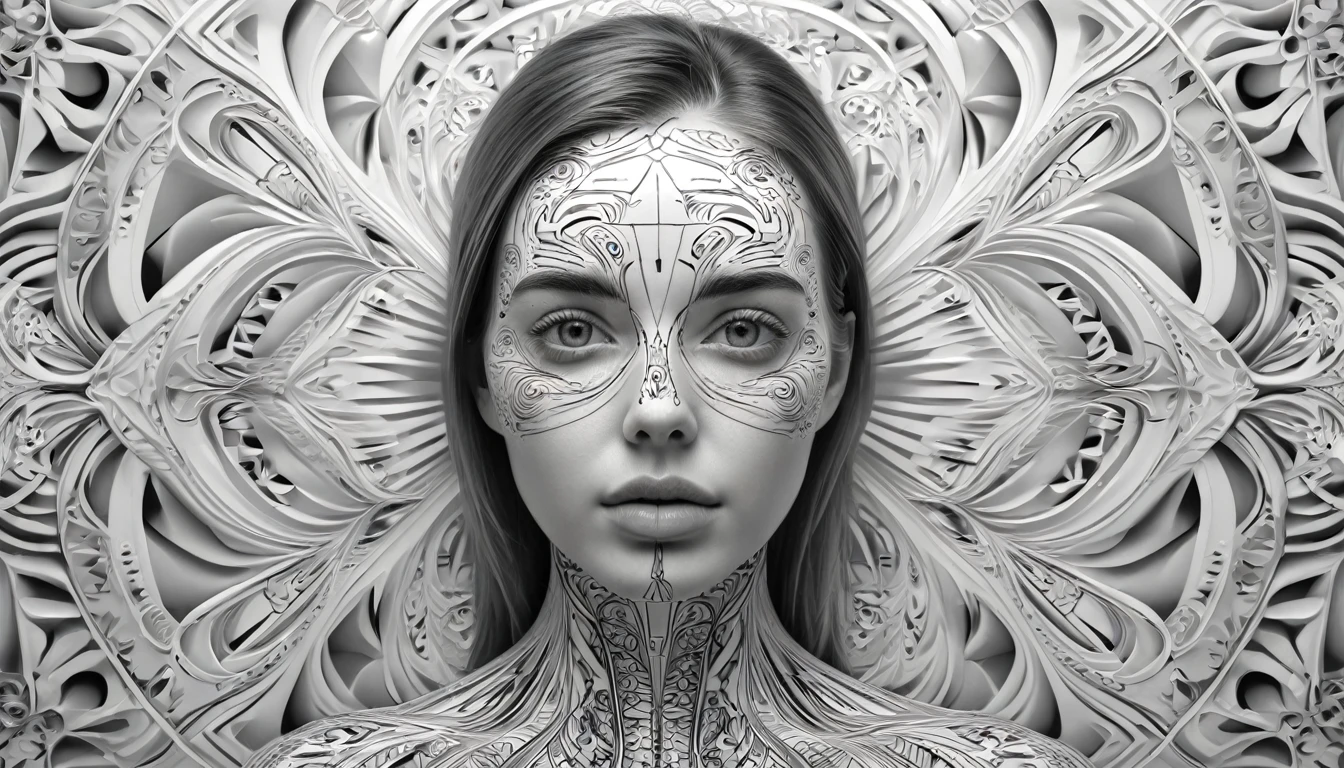 a woman with a black and white pattern on her face, stunning digital art, complicated digital art, 3 d digital art, 3d digital art, complicated digital artwork, Advanced 3D digital art, amazing detailed digital art, digital complicated art, Detailed 3D digital art, amazing digital art, 4k symmetrical portrait, 4k symmetrical portrait