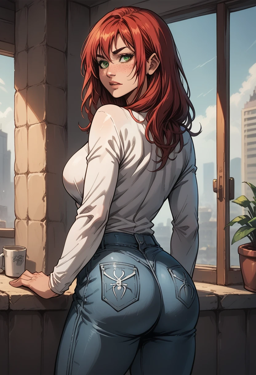 score_9, score_8_up, score_7_up, BREAK, score_9, MJW, long hair, freckles, green eyes, red hair, white shirt, spiderman logo, jeans pants, looking at viewer, cowboy shot, ass, from behind, bedroom