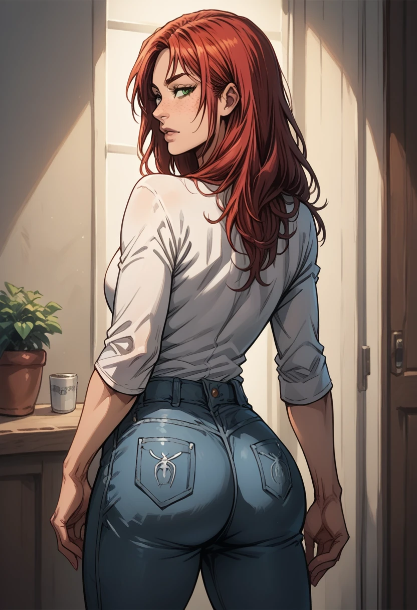 score_9, score_8_up, score_7_up, BREAK, score_9, MJW, long hair, freckles, green eyes, red hair, white shirt, spiderman logo, jeans pants, looking at viewer, cowboy shot, ass, from behind, bedroom