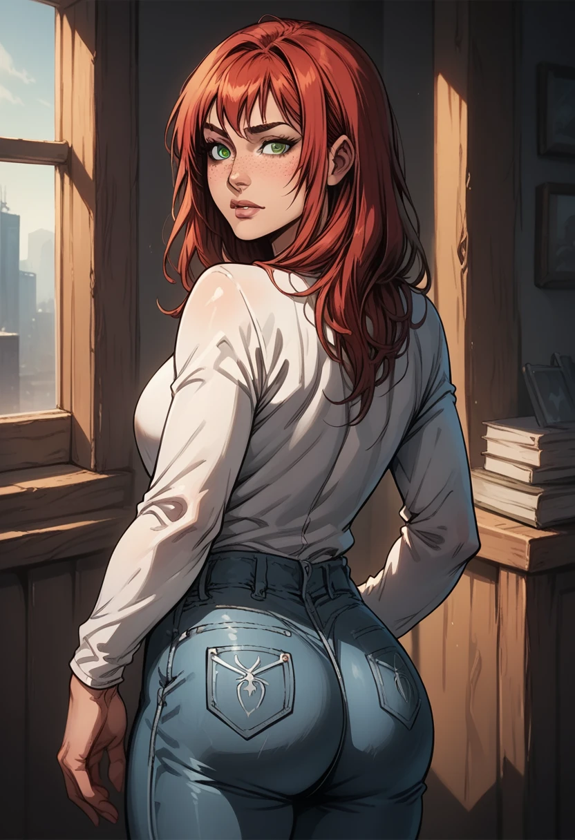 score_9, score_8_up, score_7_up, BREAK, score_9, MJW, long hair, freckles, green eyes, red hair, white shirt, spiderman logo, jeans pants, looking at viewer, cowboy shot, ass, from behind, bedroom