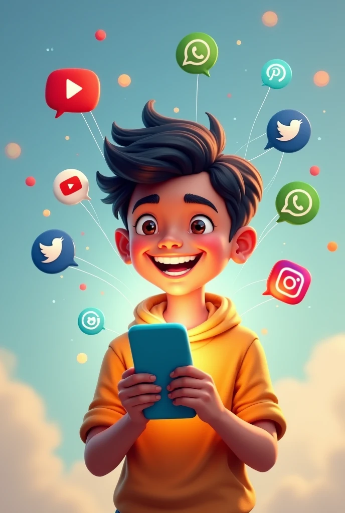 indian boy
watching on his phone he is happy and youtube instagram twitter whatsapp facebook popping out of his screen