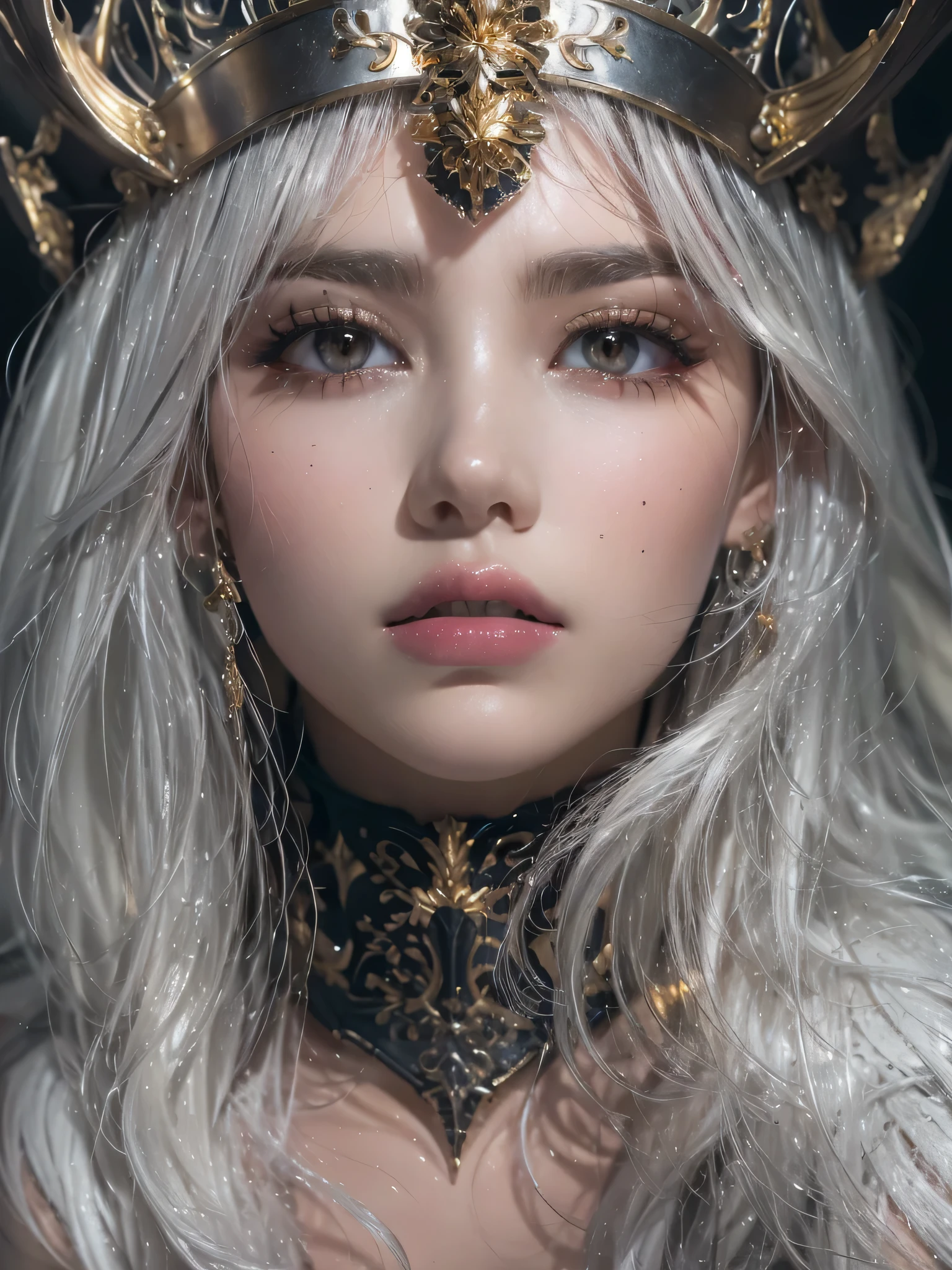 masterpiece, Raw photo，photorealism，High resolution，highest quality，High resolution, perfect composition, perfect face, perfect body, 16k，cinematic lighting，
Fantasy warrior queen, silver hair，hip，latex，black，attractive，Castle Background、costume showing collarbone、close up of face、gold and black metal, badass, sexy, teasing the viewer