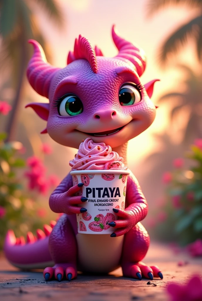 (an animated dragon with a tub of pitaya ice cream in its hands for a brand
