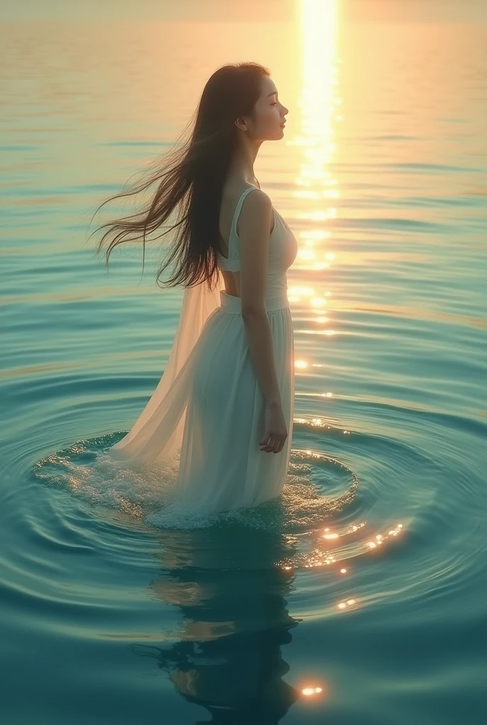 Beautiful Asia Woman walking up from the sea with reflection