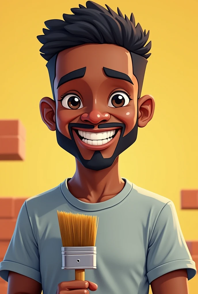 Black man with goatee and black hair smiling in light gray t-shirt with bricklayer&#39;s brush in hand in cartoon 