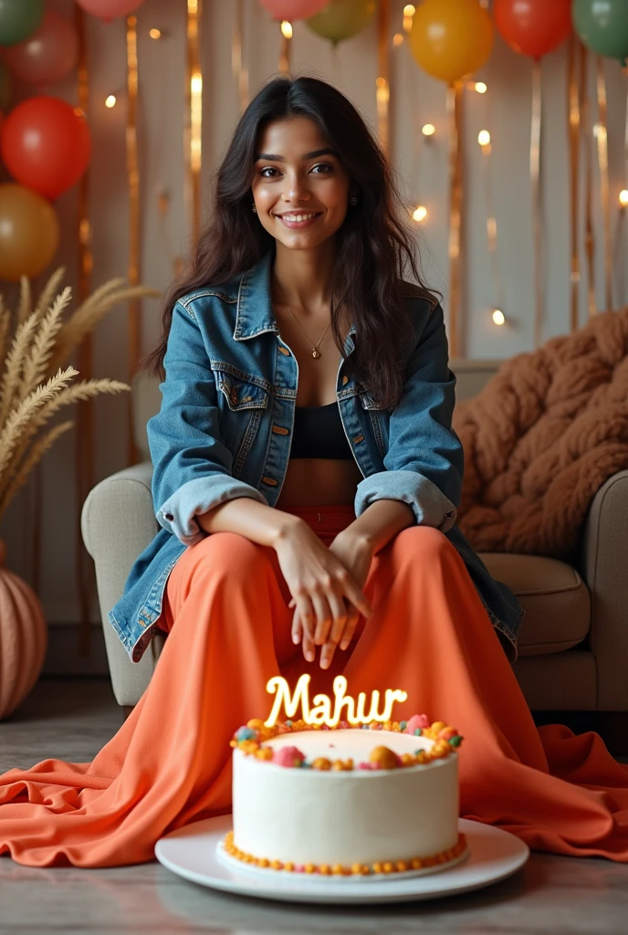 sitting women wearing a lehanga on front of a cake. The character must wear casual moder clothing such as jeans jackets and sneakers shoes. The background of the image is a party theme. Write 'MAHUR' on the birthday cake. Make sure the text is not misspelled. His age is 28