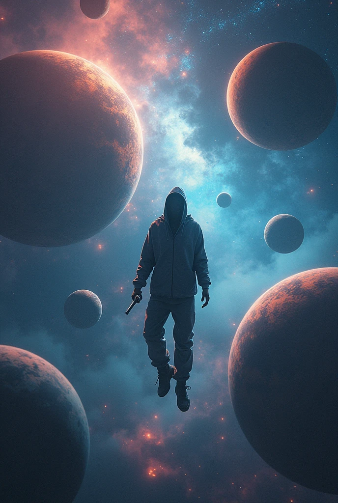 a close up of a space scene with planets and a spaceship, travis scott flying over earth, drifting in space, floating alongside the planets, floating in space, floating in outer space, outer space, space, floating on space, offcial art, in space, of space travel, outerspace, out of this world, Album art of a man isolated from the world with a microphone in his hand and no face.
