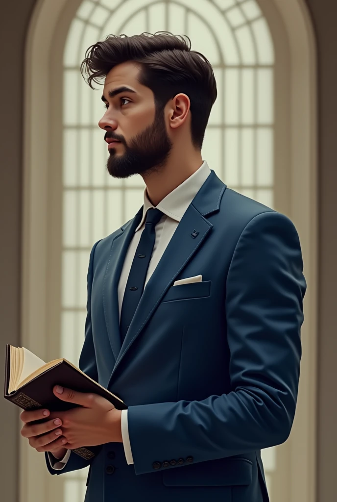 A young man with a black beard,wearing blue suit,holding a bible on his hand, the suit has a little black dots all over it