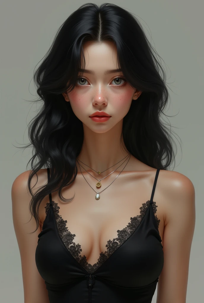 Young woman with feminine features and serious expression, He has black hair, slightly wavy and loose cascading down, with some strands falling around her face. His skin is clear, with subtle freckles on her cheeks and her grey eyes, thick lips .She wears a black dress, lace and V-neck, which gives it an elegant touch that highlights her large bust. She wears a fine necklace with a realistic drawing 